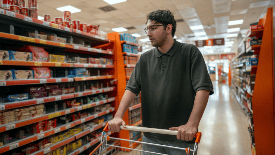 A imagem mostra um jovem em um corredor de supermercado ou mercearia, segurando um carrinho de compras.
